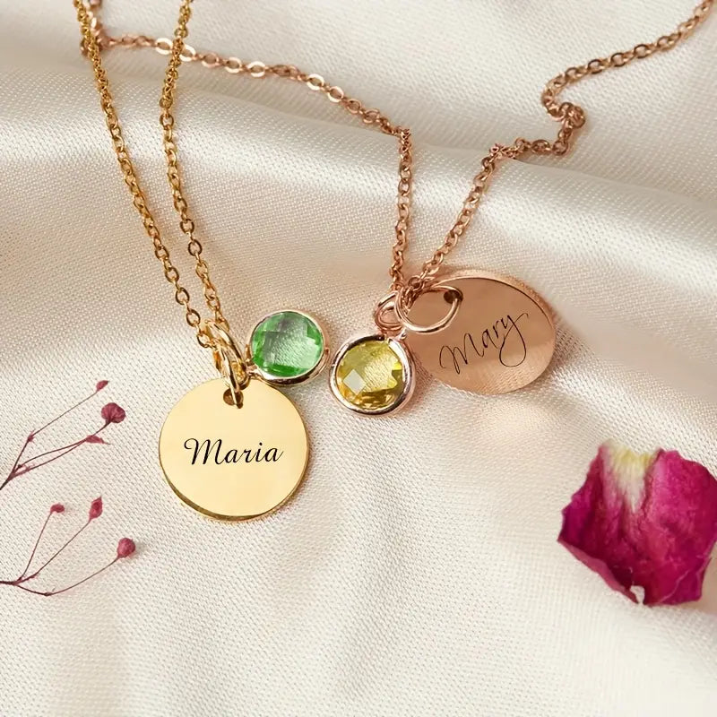 Doğum Taşlı Yuvarlak Plaka İsim Kolye - 925 Gümüş