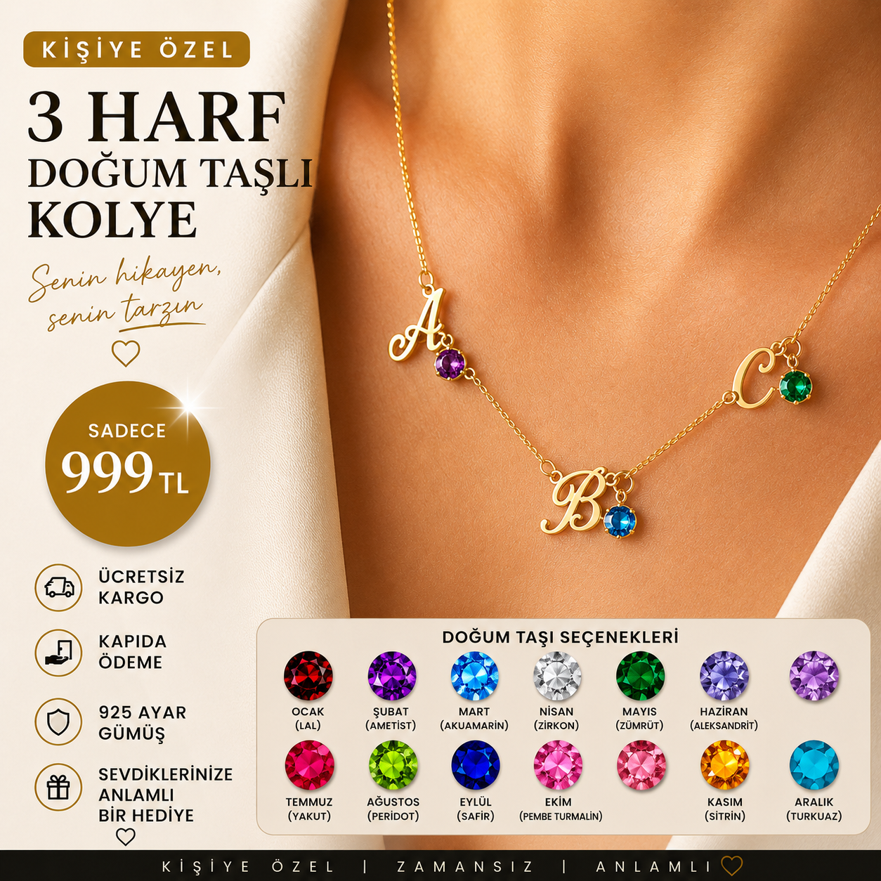 Kişiye Özel 3 Harf Doğum Taşlı Kolye | 925 Ayar Gümüş