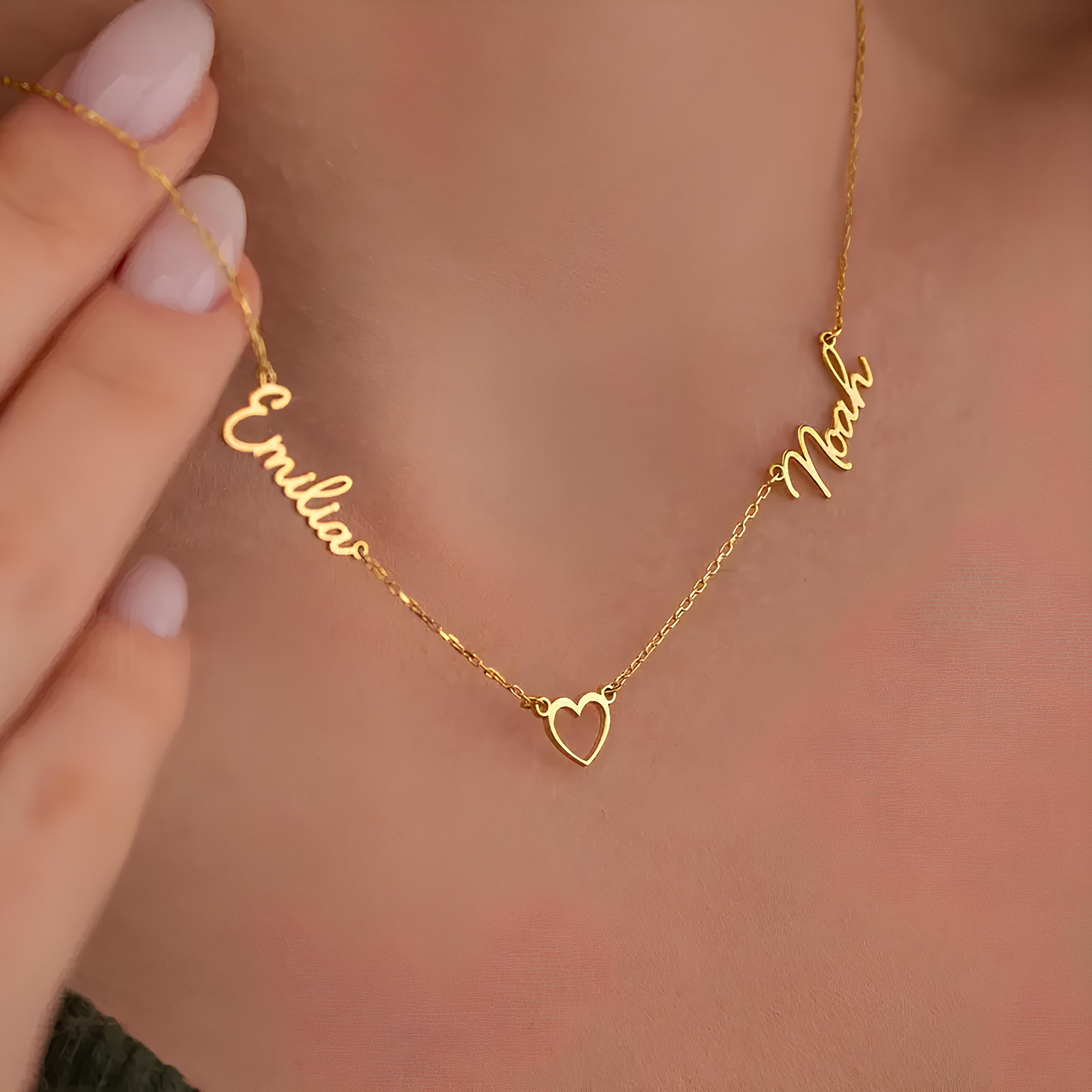 Kalp Bağlantılı Çift İsim Kolye - 925 GÜMÜŞ