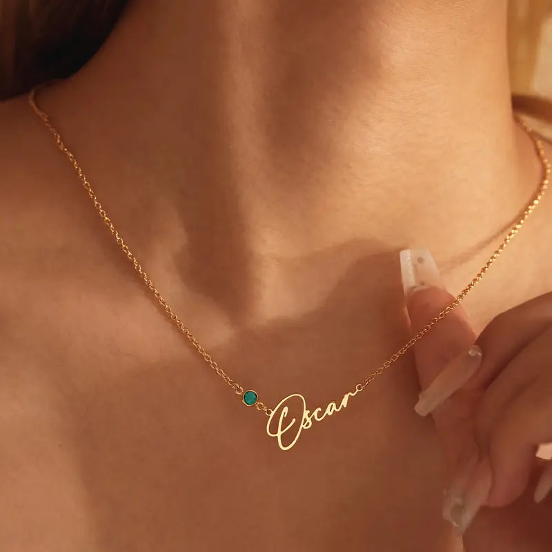 Doğum Taşlı El Yazısı İsim Kolye