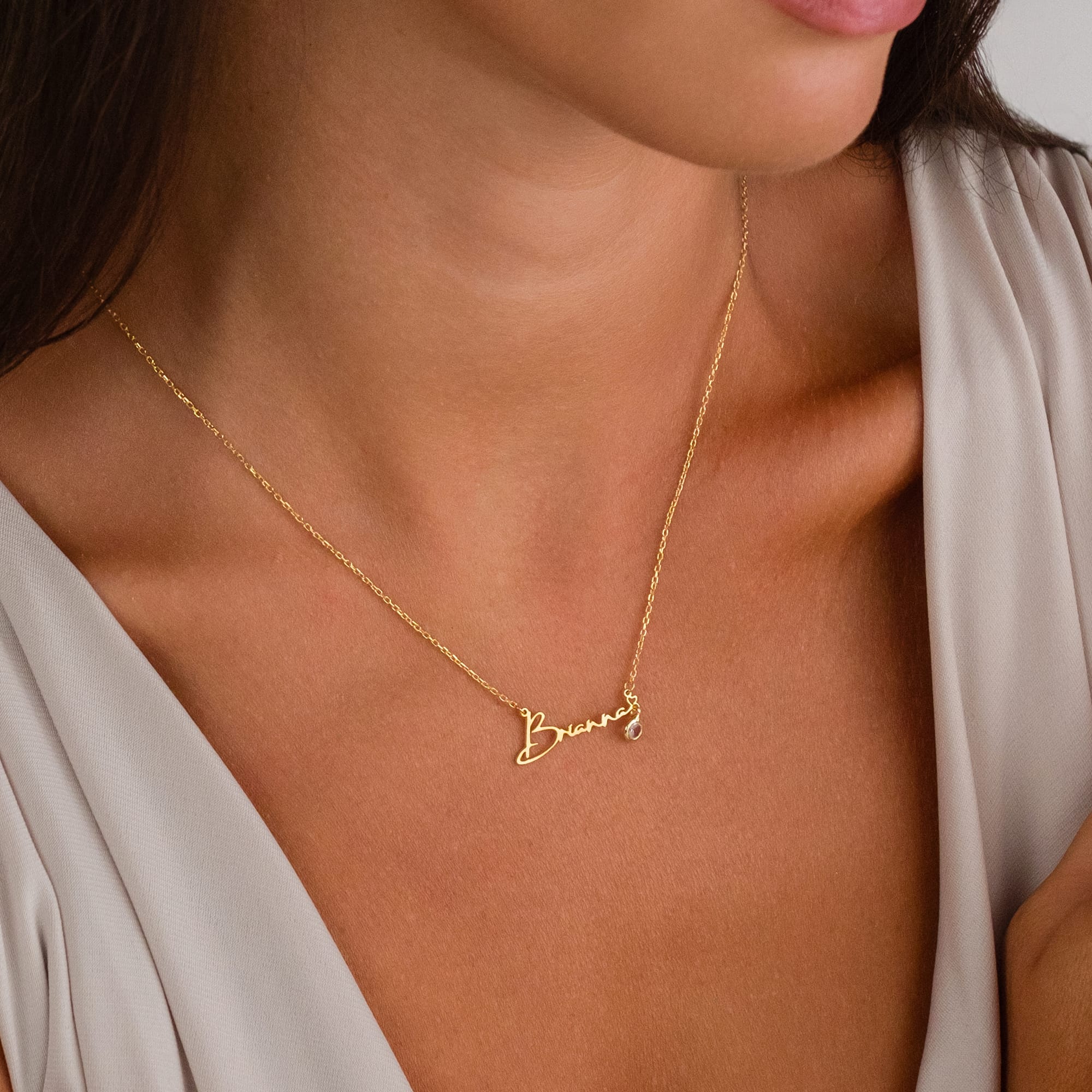 Taşlı İmzalı İsim Kolye - 925 GÜMÜŞ