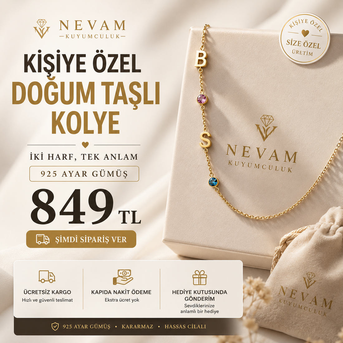 2 Harf Doğum Taşlı Kolye 💎 🚚 Ücretsiz Kargo •