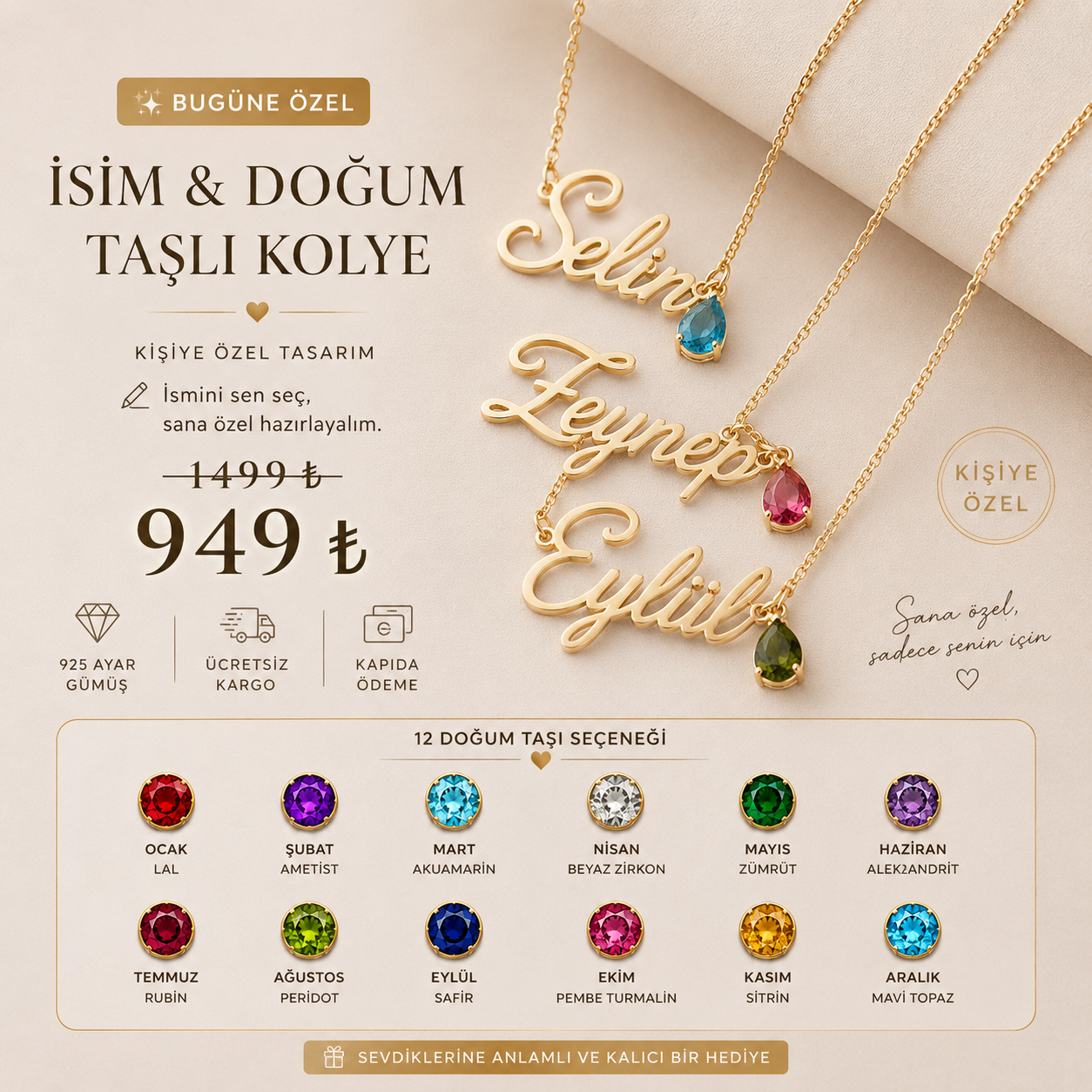 Nevam Aura™ | 925 Ayar Gümüş İsim & Doğum Taşı Kolyesi