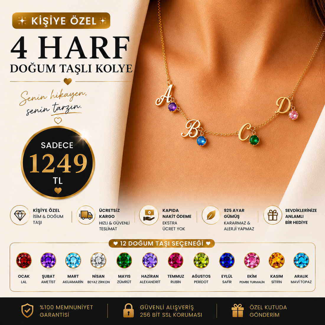 4 Harf Doğum Taşlı Kolye | Kişiye Özel 925 Ayar Gümüş