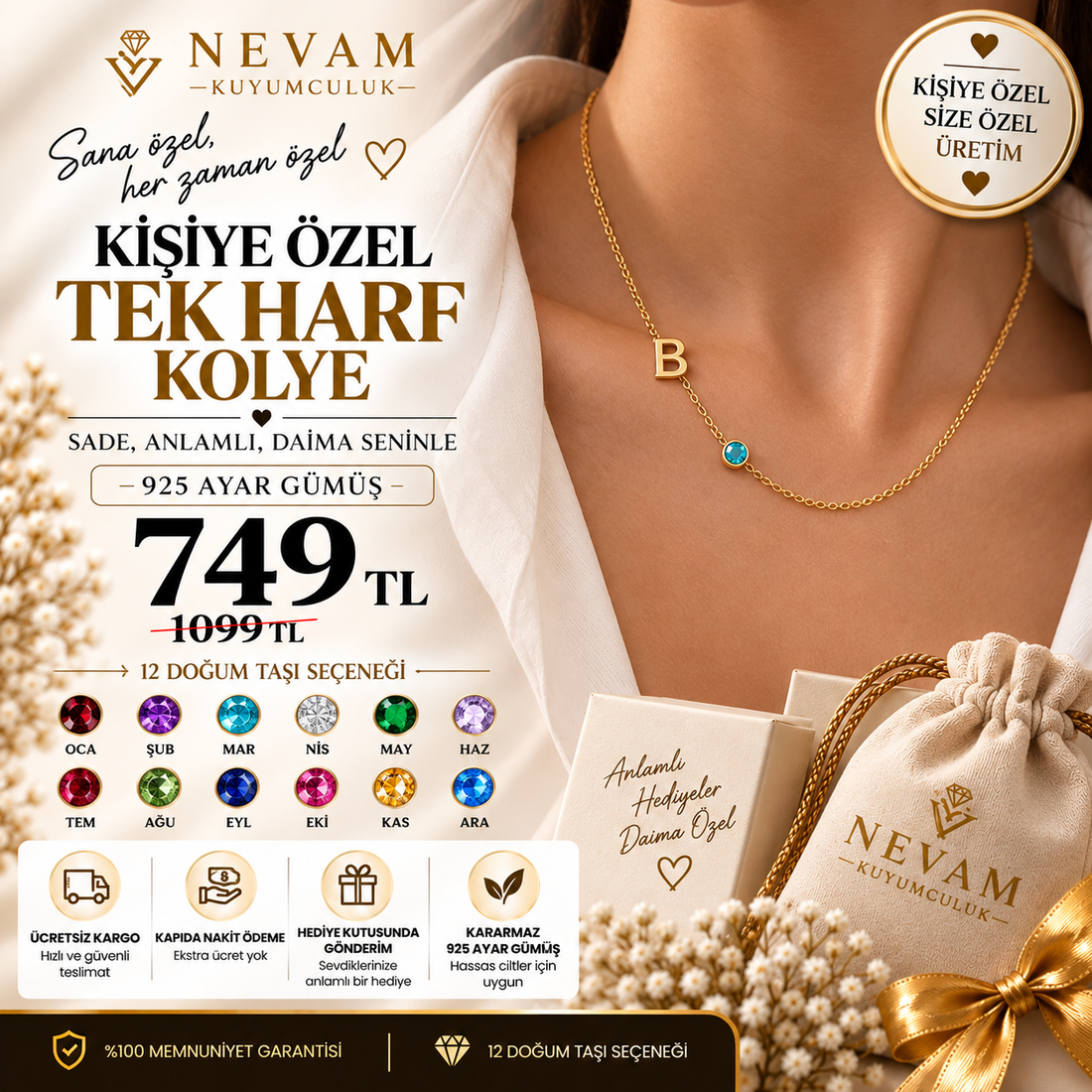 💎 Tek Harf Doğum Ayı Taşı Kolye – 925 Ayar Gümüş