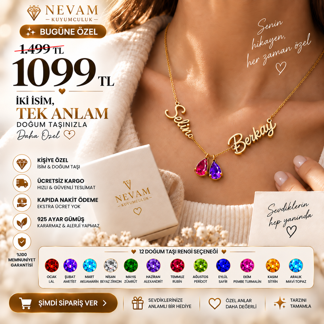 Kişiye Özel İki İsimli Doğum Taşlı Kolye – 925 Ayar Gümüş