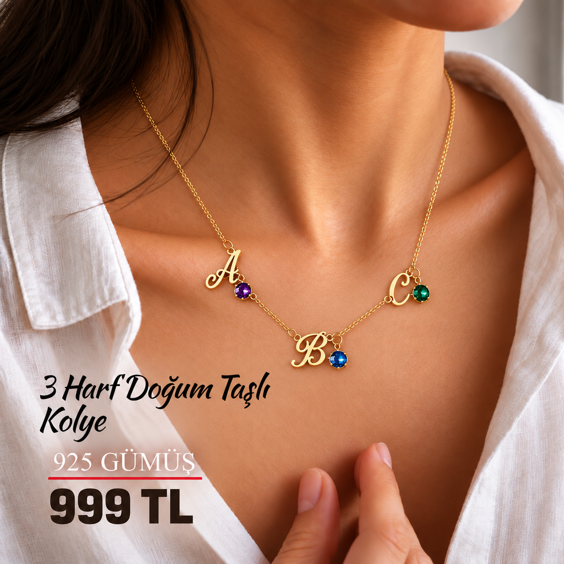 Kişiye Özel 3 Harf Doğum Taşlı Kolye | 925 Ayar Gümüş