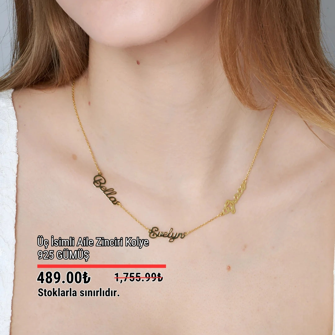 Üç İsimli Aile Zinciri Kolye - 925 GÜMÜŞ