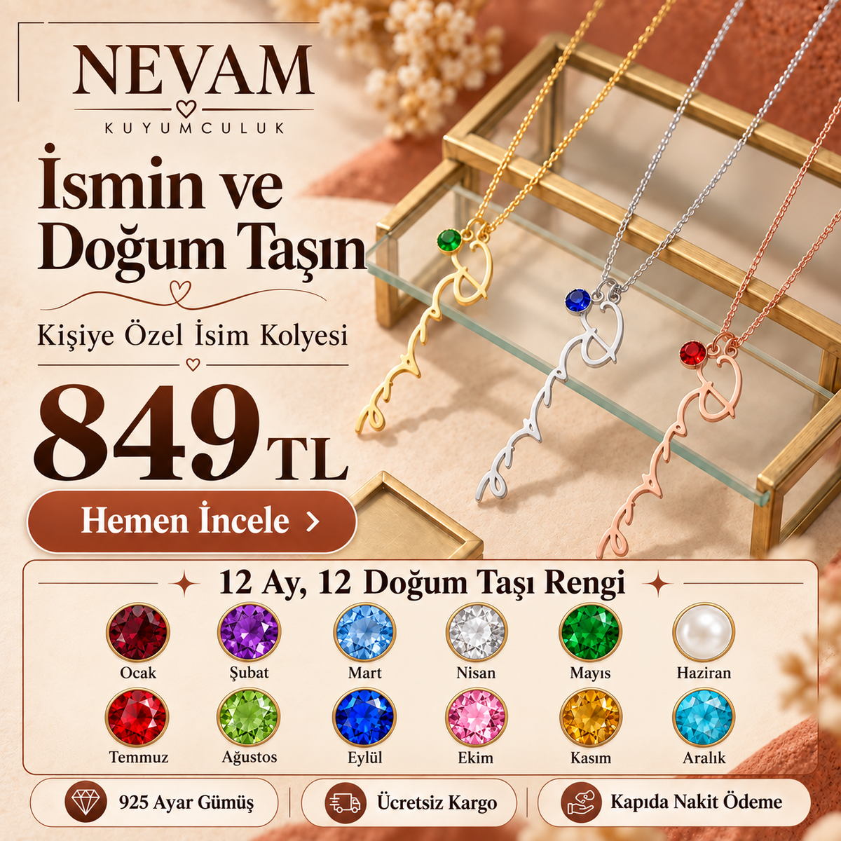 ✨ Taş Detaylı İsim Kolyesi | 925 Ayar Gümüş