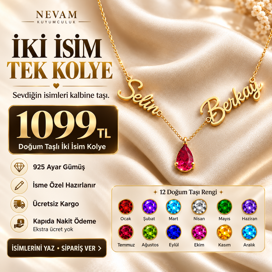 Kişiye Özel İki İsimli Doğum Taşlı Kolye – 925 Ayar Gümüş
