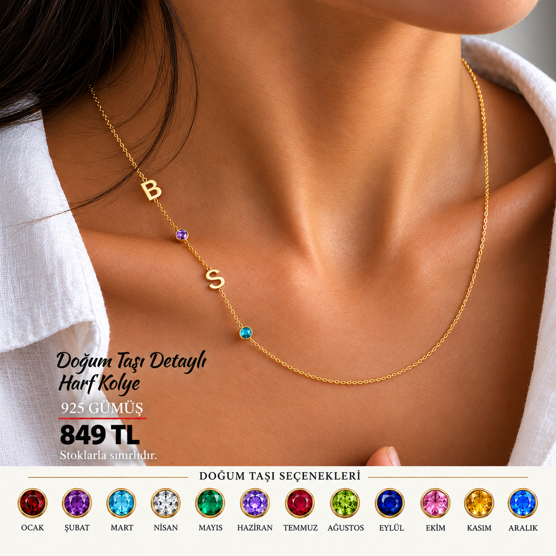 💎 2 Harf Doğum Taşlı Kolye – 925 Ayar Gümüş