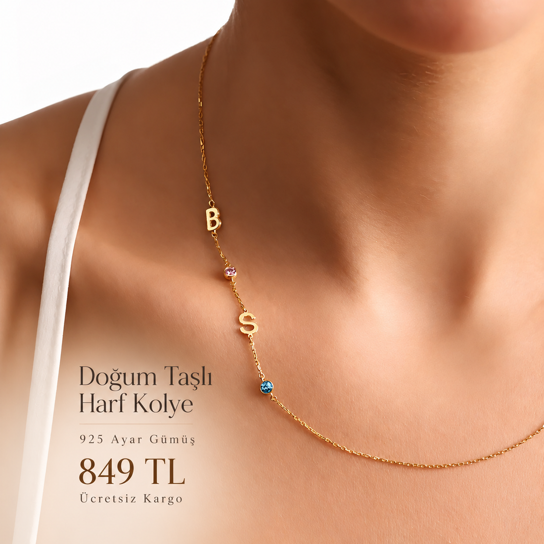 💎 2 Harf Doğum Taşlı Kolye – 925 Ayar Gümüş