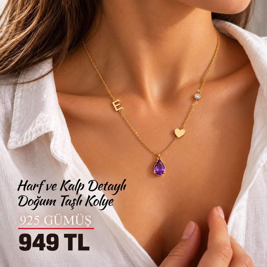 Kişiye Özel Harf, Kalp ve Doğum Taşlı Kolye – 925 Ayar Gümüş
