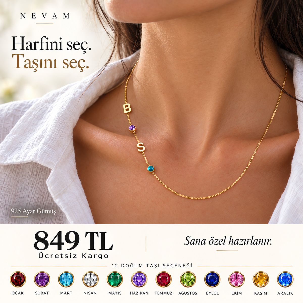 💎 2 Harf Doğum Taşlı Kolye – 925 Ayar Gümüş