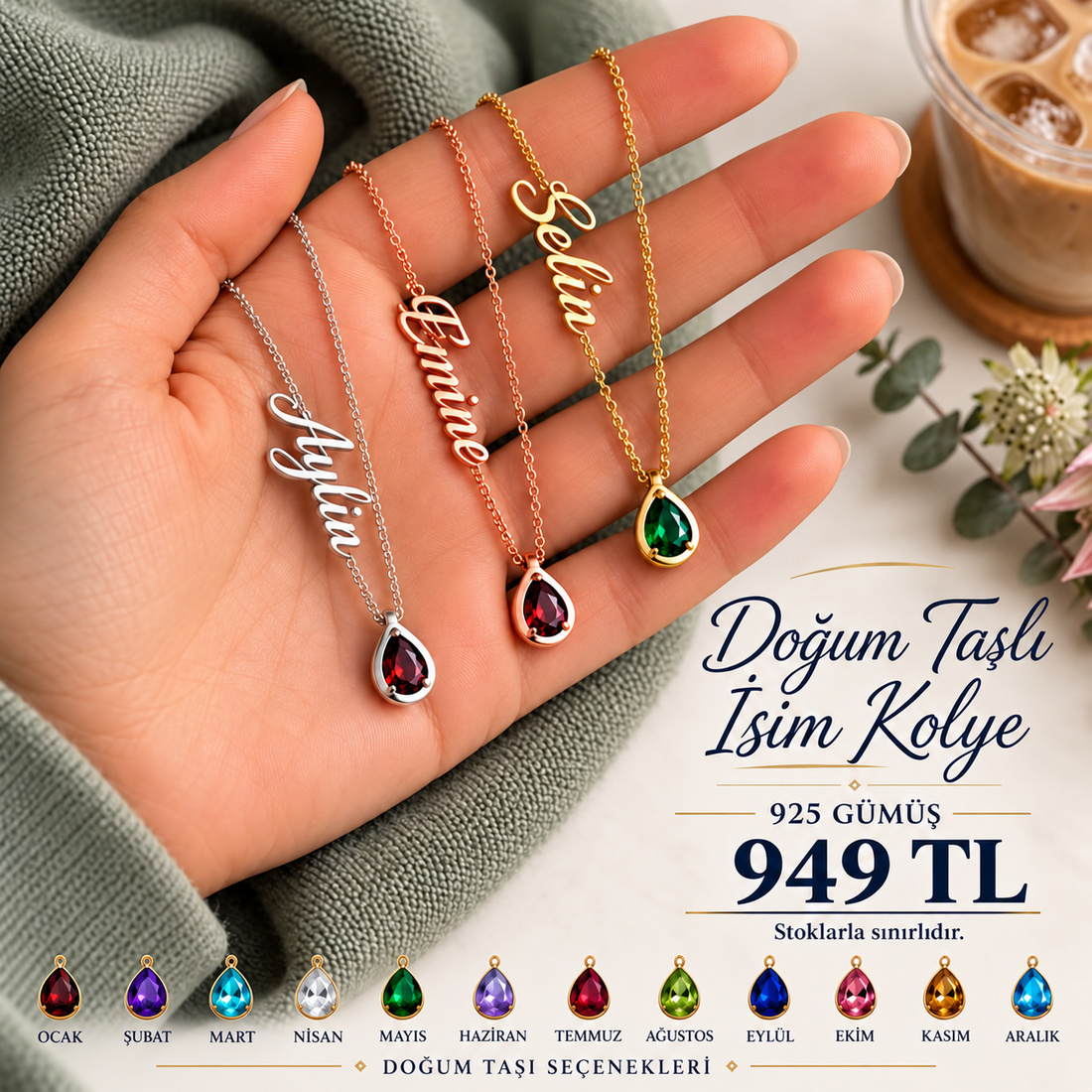 Damla Doğum Taşlı İsim Kolye | Kişiye Özel 925 Ayar Gümüş