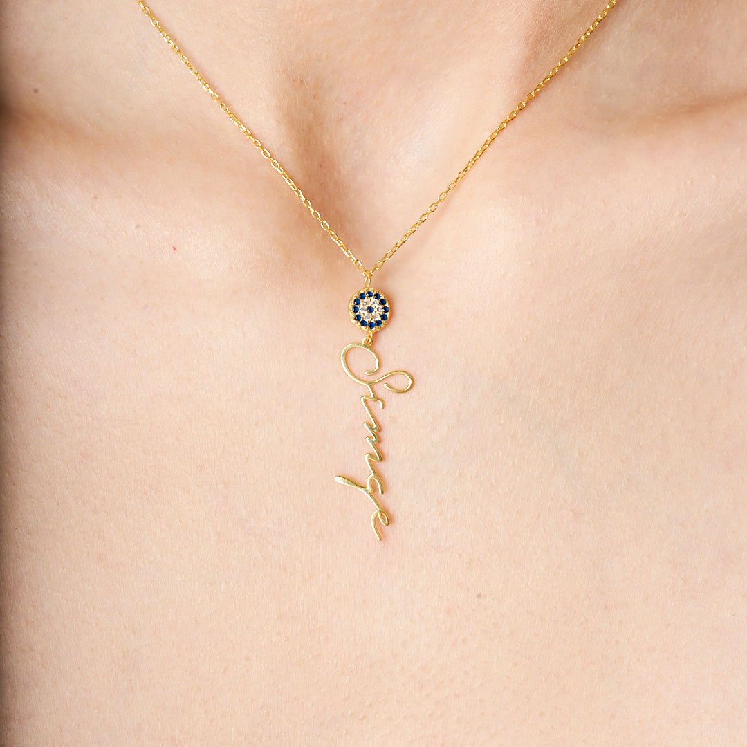 Nazar Boncuklu Dikey İsimli Kolye - 925 GÜMÜŞ