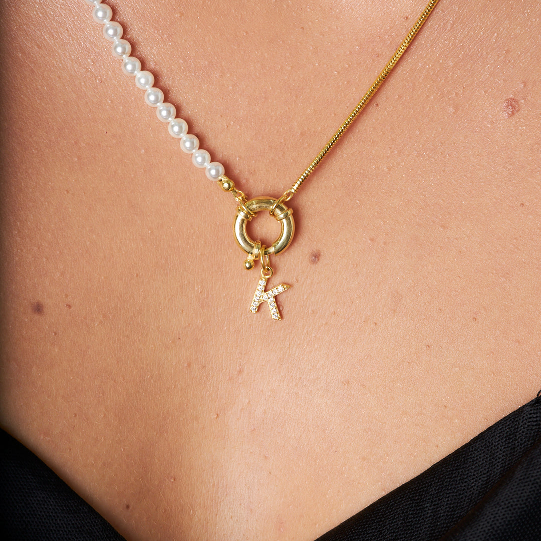 İncili Ve Zincirli Harf Kolye - 925 GÜMÜŞ