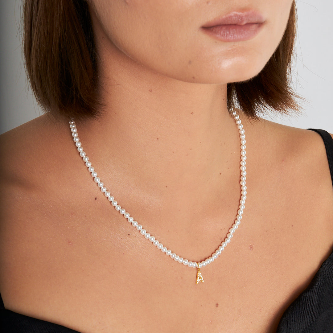 İncili Taşlı Harf Kolye - 925 GÜMÜŞ