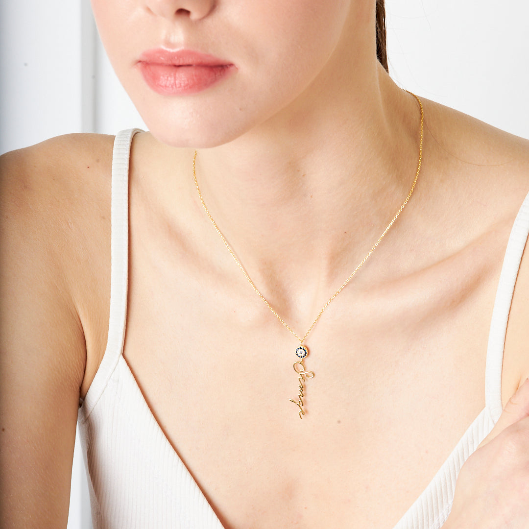 Nazar Boncuklu Dikey İsimli Kolye - 925 GÜMÜŞ