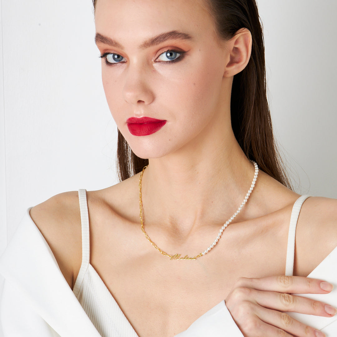 Yarı İncili El Yazılı Kolye - 925 GÜMÜŞ