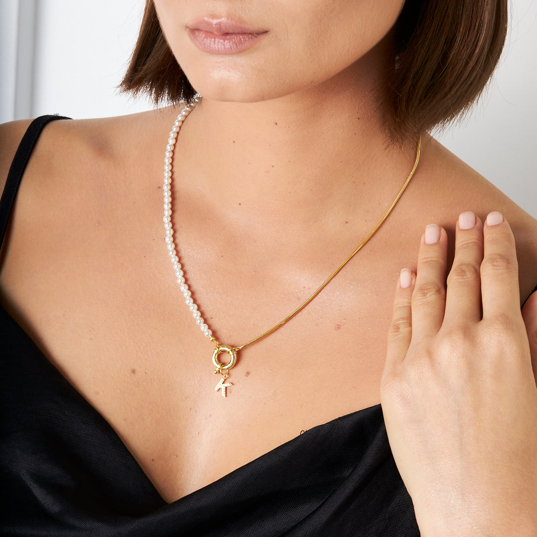 İncili Ve Zincirli Harf Kolye - 925 GÜMÜŞ