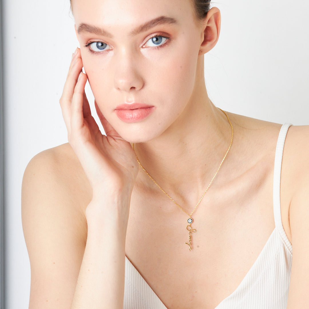 Nazar Boncuklu Dikey İsimli Kolye - 925 GÜMÜŞ