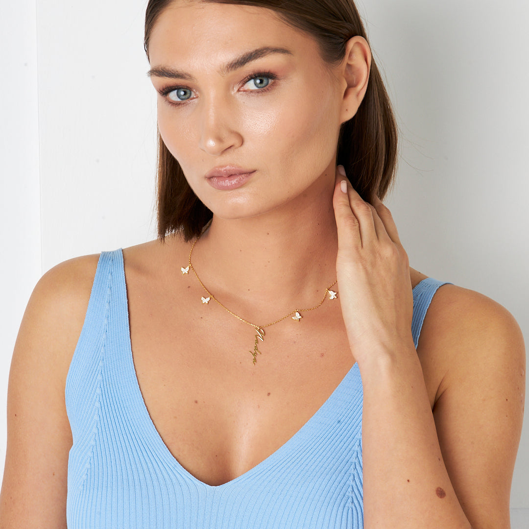 Kelebek Sıralı Dikey İsim Kolye - 925 GÜMÜŞ