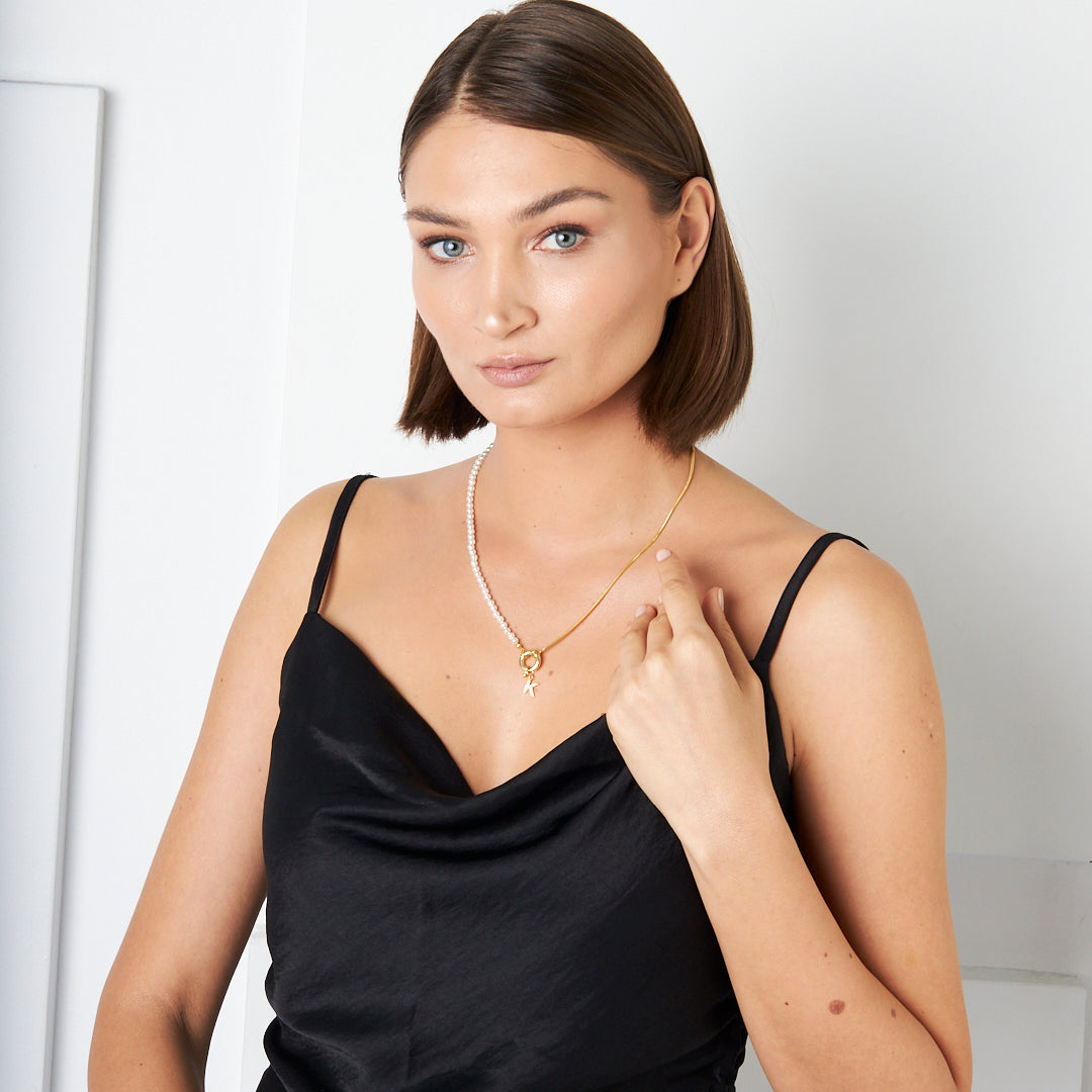 İncili Ve Zincirli Harf Kolye - 925 GÜMÜŞ