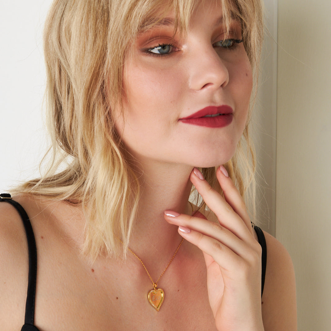 Plaka Taşlı Kalp Kolye - 925 GÜMÜŞ