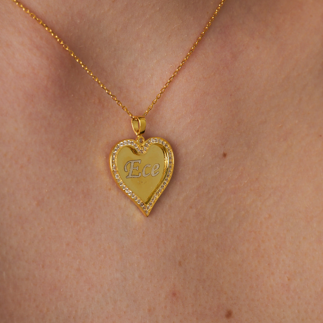 Plaka Taşlı Kalp Kolye - 925 GÜMÜŞ