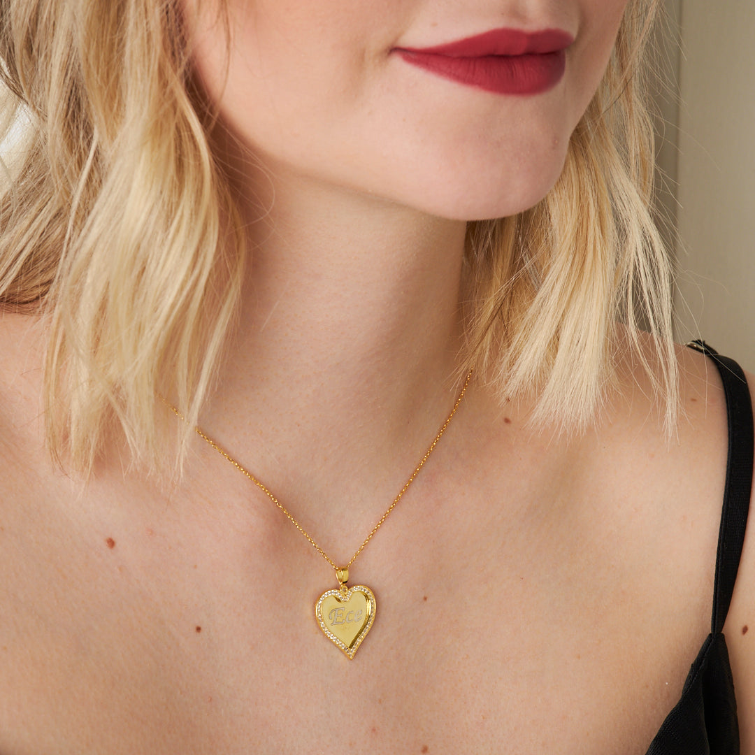 Plaka Taşlı Kalp Kolye - 925 GÜMÜŞ