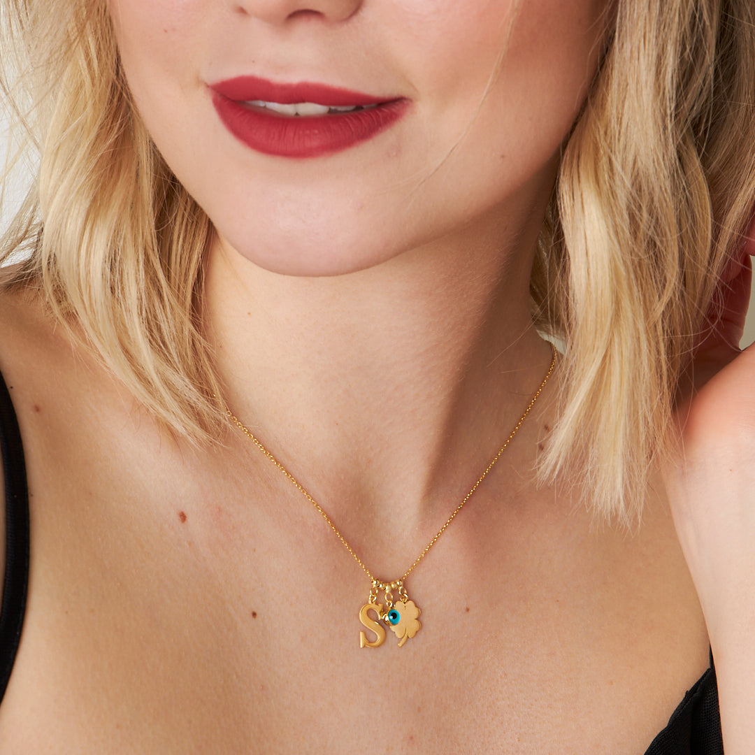 Nazar Yonca Yapraklı Tek Harf Kolye - 925 GÜMÜŞ