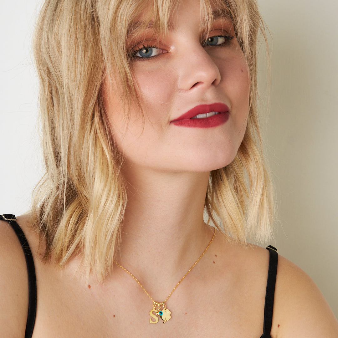 Nazar Yonca Yapraklı Tek Harf Kolye - 925 GÜMÜŞ