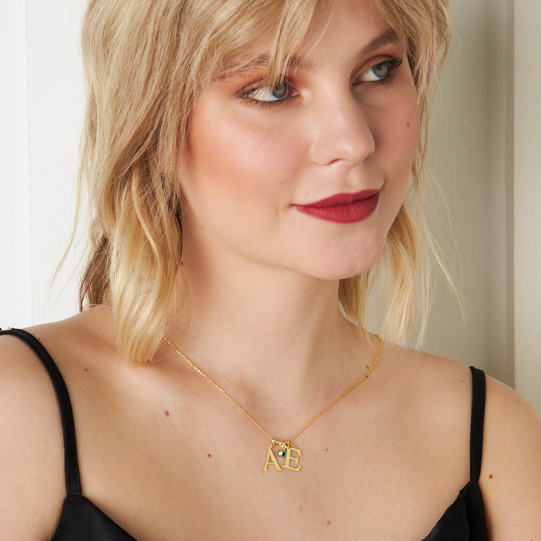 İki Harfli Nazarlı Kolye - 925 GÜMÜŞ