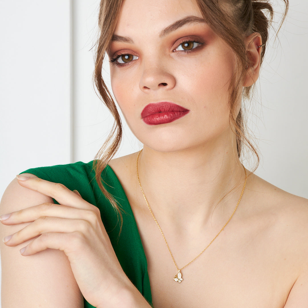 Taşlı Kelebek Kolye - 925 GÜMÜŞ