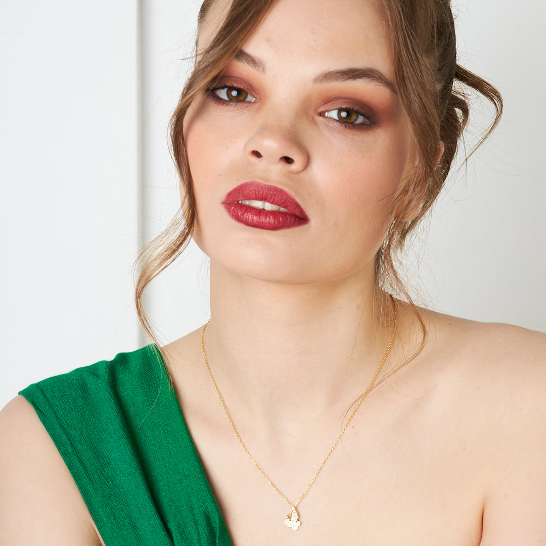 Taşlı Kelebek Kolye - 925 GÜMÜŞ