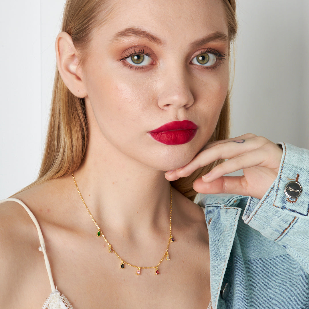 Renkli Taşlı Damla Kolye - 925 GÜMÜŞ