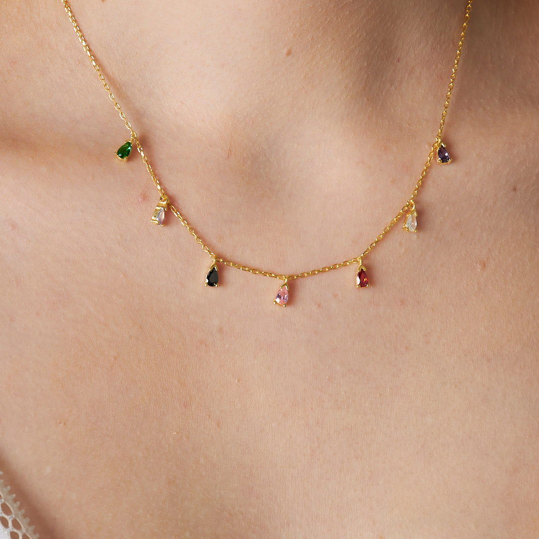 Renkli Taşlı Damla Kolye - 925 GÜMÜŞ