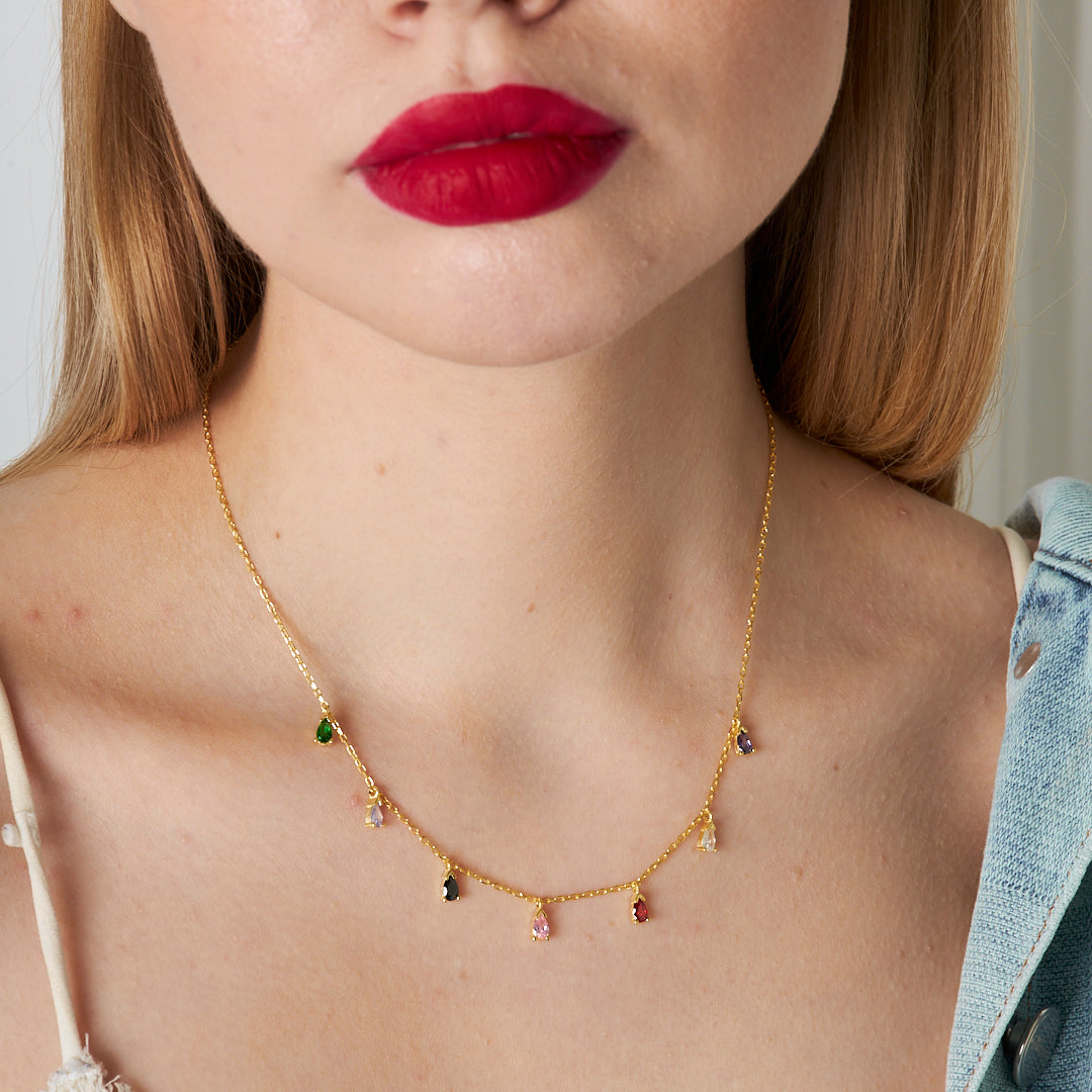 Renkli Taşlı Damla Kolye - 925 GÜMÜŞ