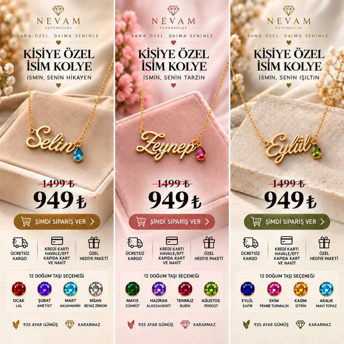 Özel İsim Kolye – 925 Ayar Gümüş Doğum Taşı Detaylı