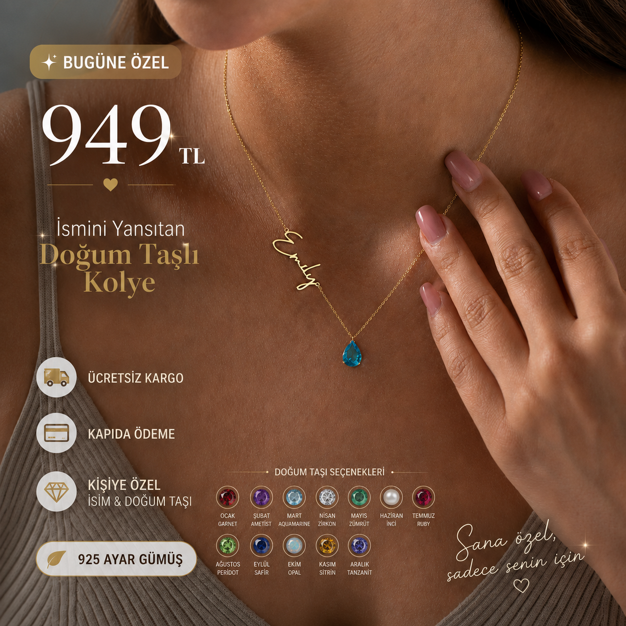 İsmini Yansıtan Doğum Taşlı Kolye ✨925 Ayar Gümüş | Ücretsiz Kargo