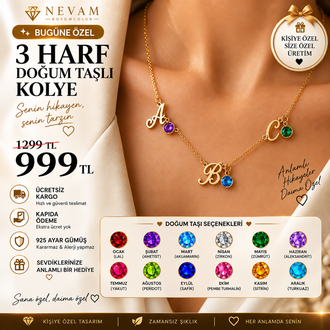 Kişiye Özel 3 Harf Doğum Taşlı Kolye | 925 Ayar Gümüş