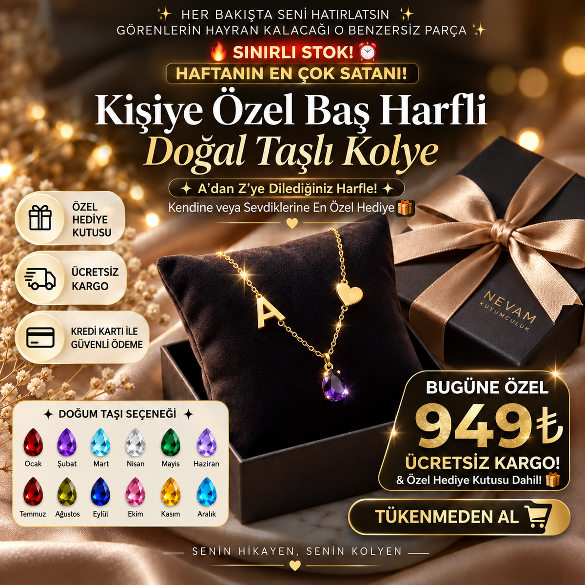Kişiye Özel Baş Harfli & Kalpli Doğal Taşlı Kolye – 925 Ayar Gümüş