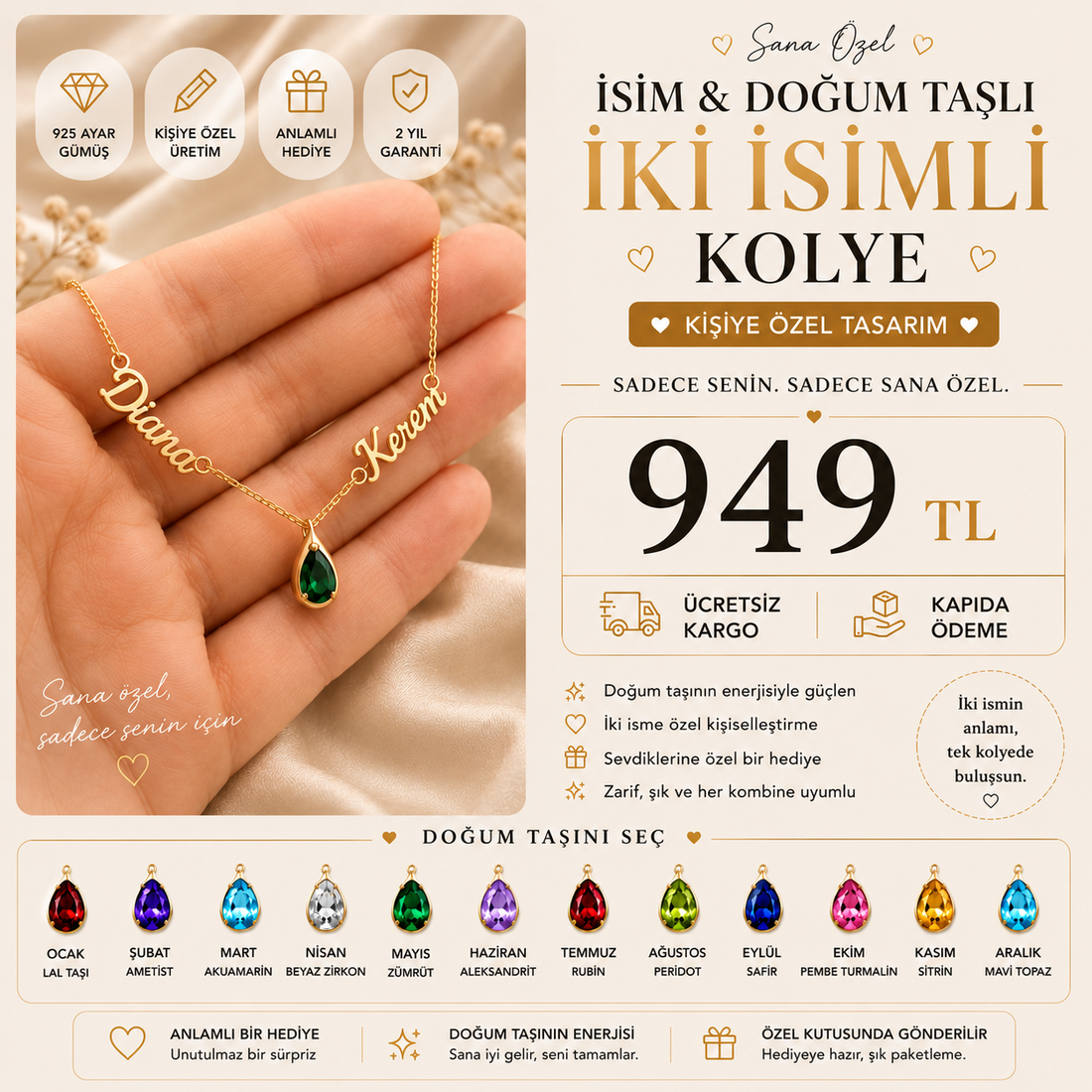 Kişiye Özel İki İsimli Doğum Taşlı Kolye – 925 Ayar Gümüş