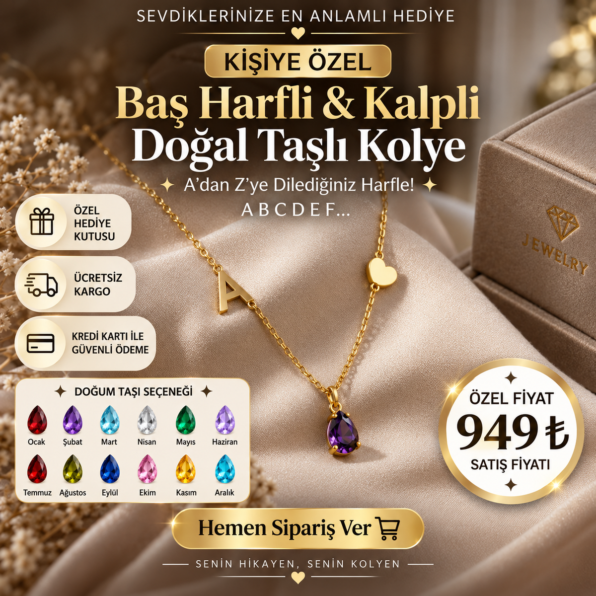 Kişiye Özel Baş Harfli & Kalpli Doğal Taşlı Kolye – 925 Ayar Gümüş