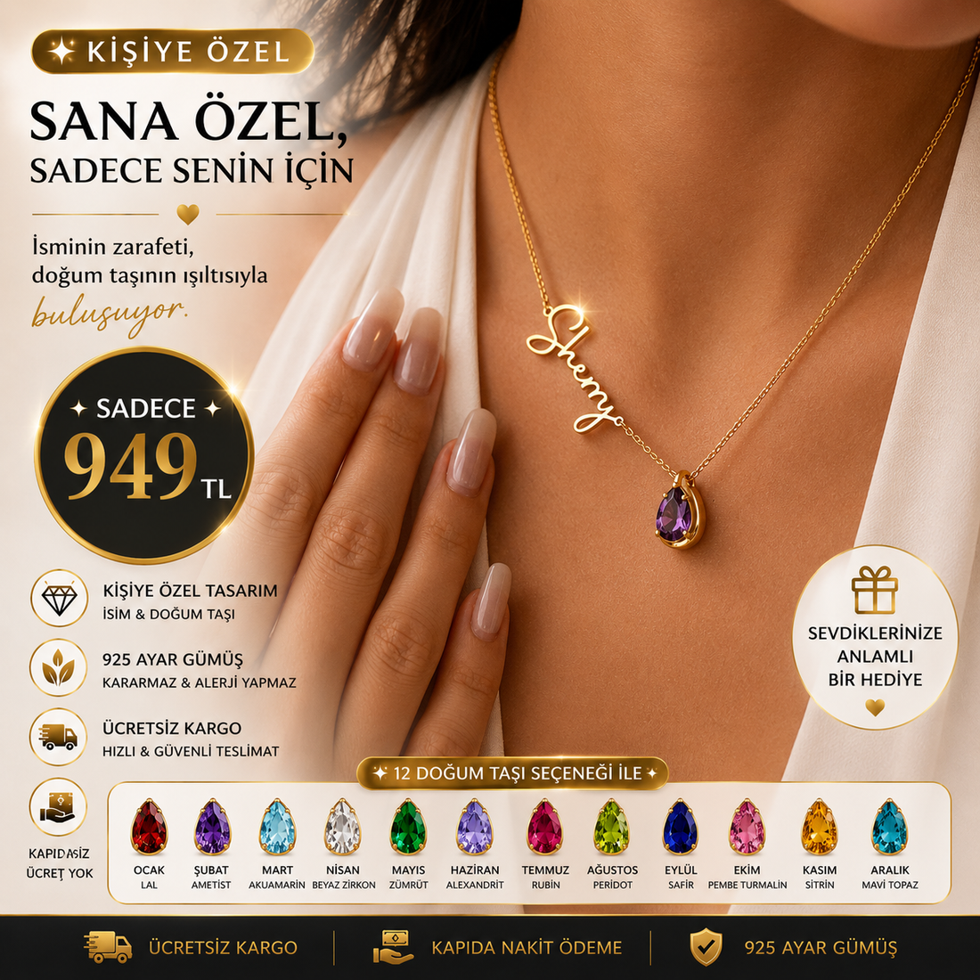 ✨ Kişiye Özel İsim & Doğum Taşı Kolye | 925 Ayar Gümüş ✨