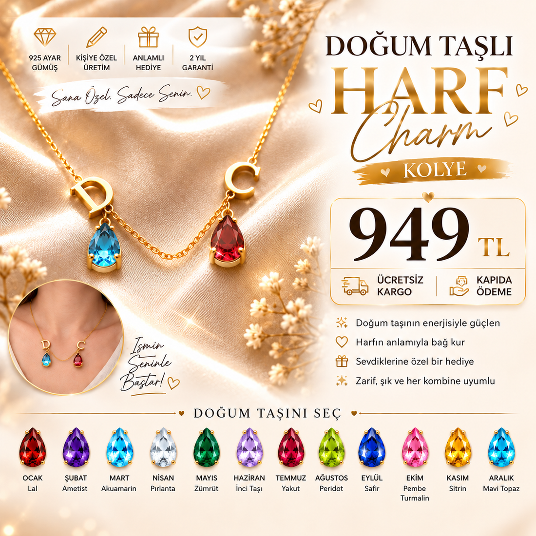 Kişiye Özel Doğum Taşlı Harf Charm Kolye – 925 Ayar Gümüş ⭐