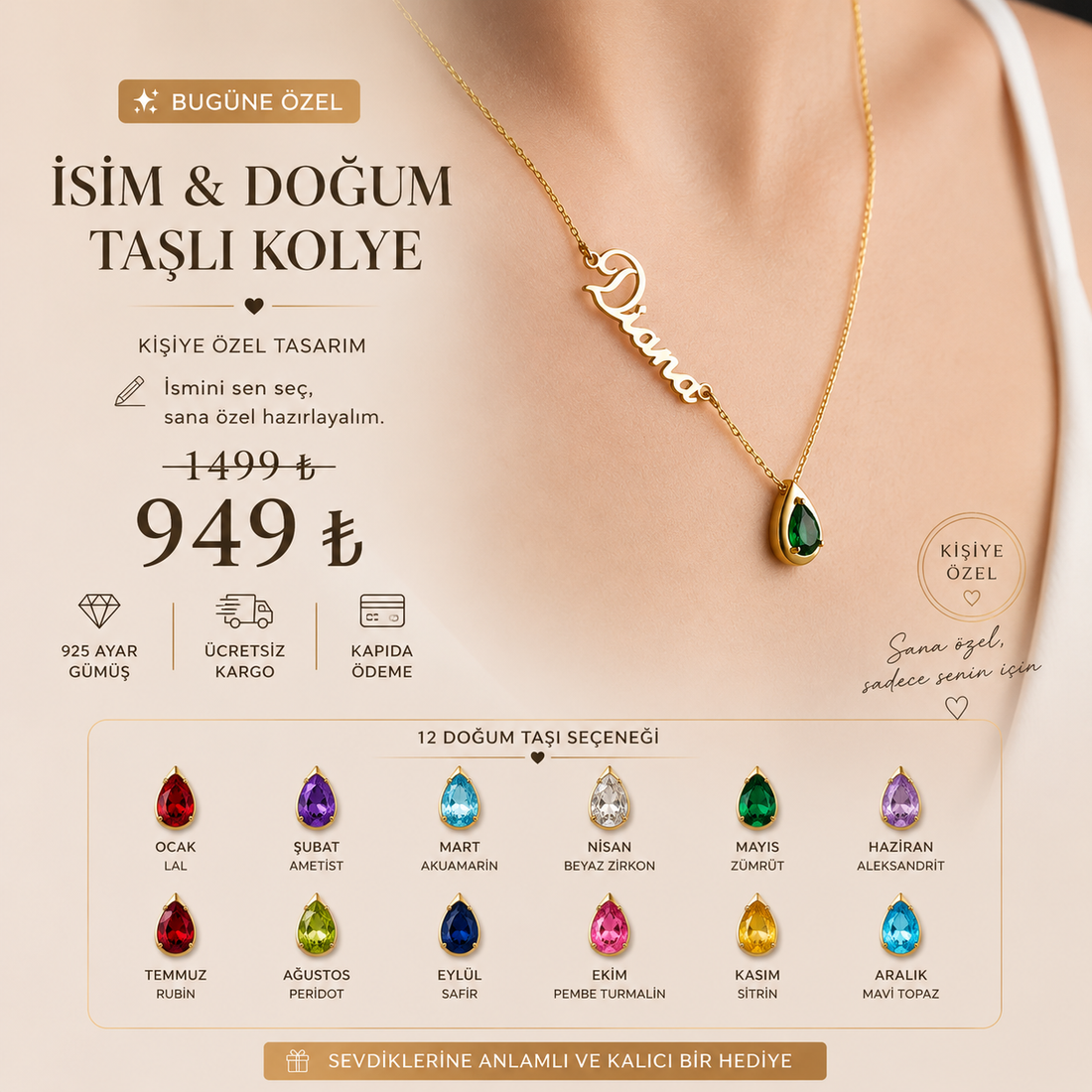 ✨ Kişiye Özel İsim & Doğum Taşı Kolye | 925 Ayar Gümüş ✨