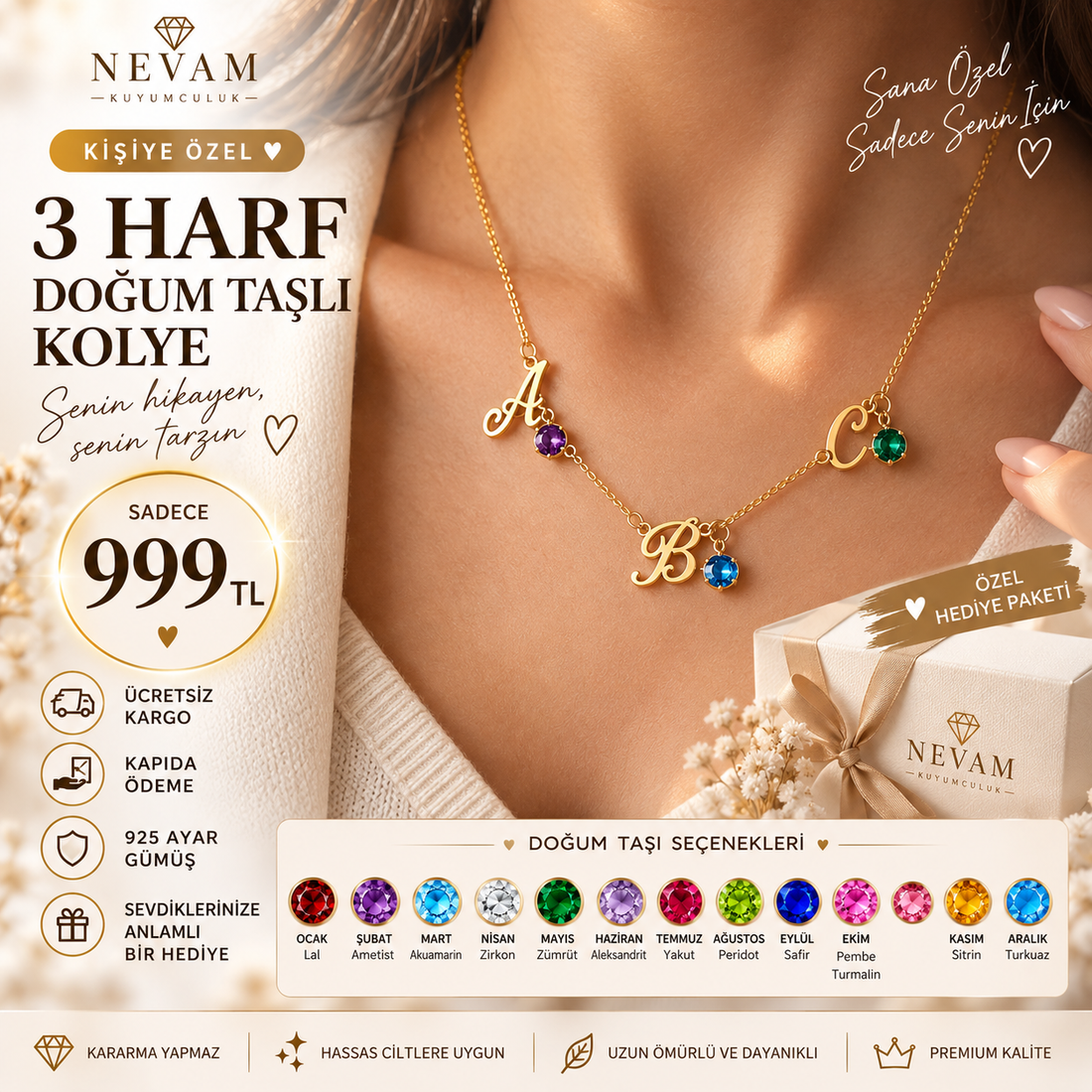 Kişiye Özel 3 Harf Doğum Taşlı Kolye | 925 Ayar Gümüş