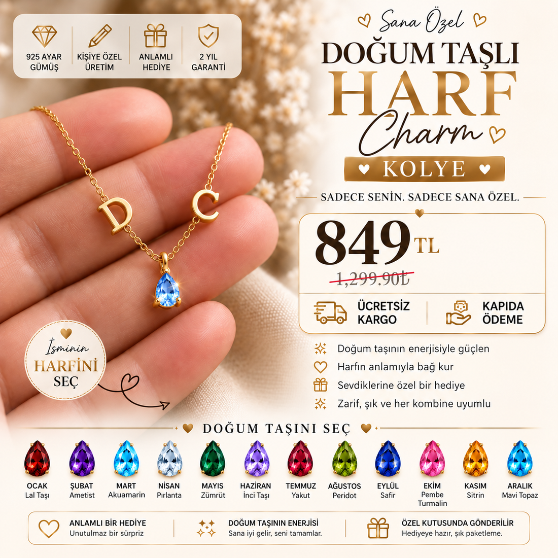 Kişiye Özel Doğum Taşlı Harf Charm Kolye – 925 Ayar Gümüş ⭐